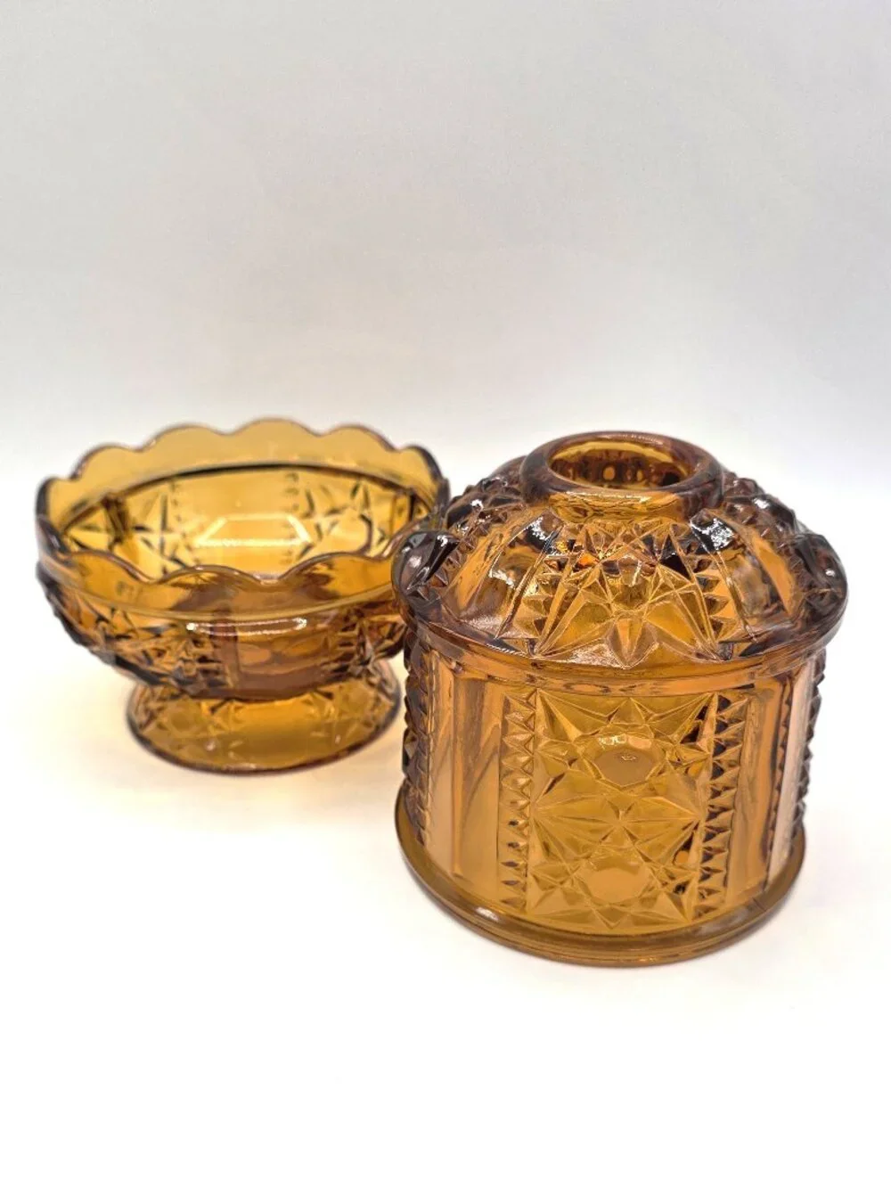 Amber Fairy Lamp Indiana Glass Stars & Bars Vintage 2 Piece Candle Holder 6.5”